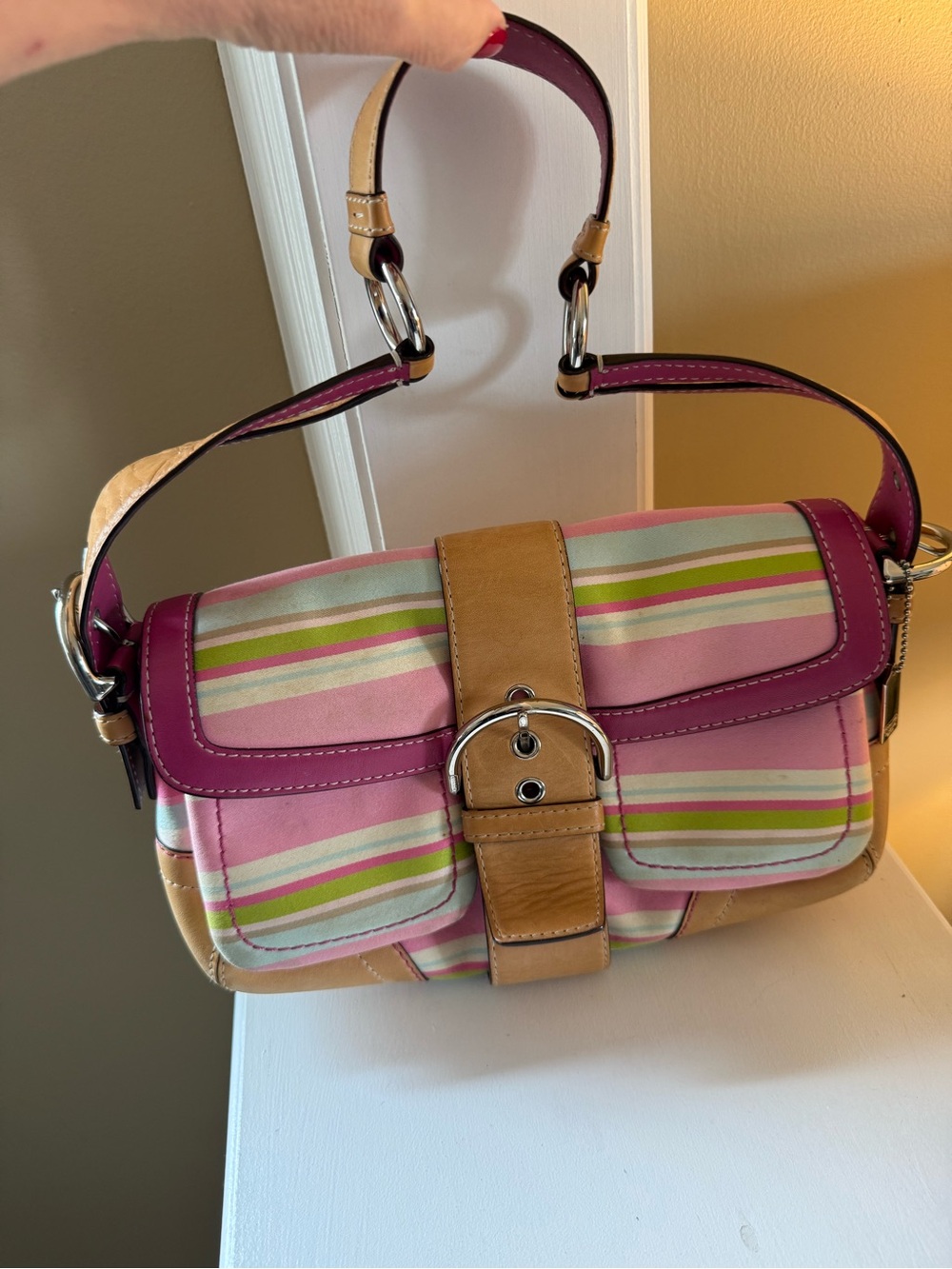 Vintage Y2K Coach 1886 Soho Hampton Pink Stripe Buckle Shoulder Bag Leather